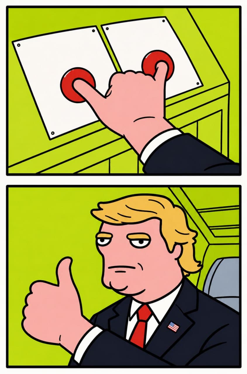 Trump red button + thumbs up