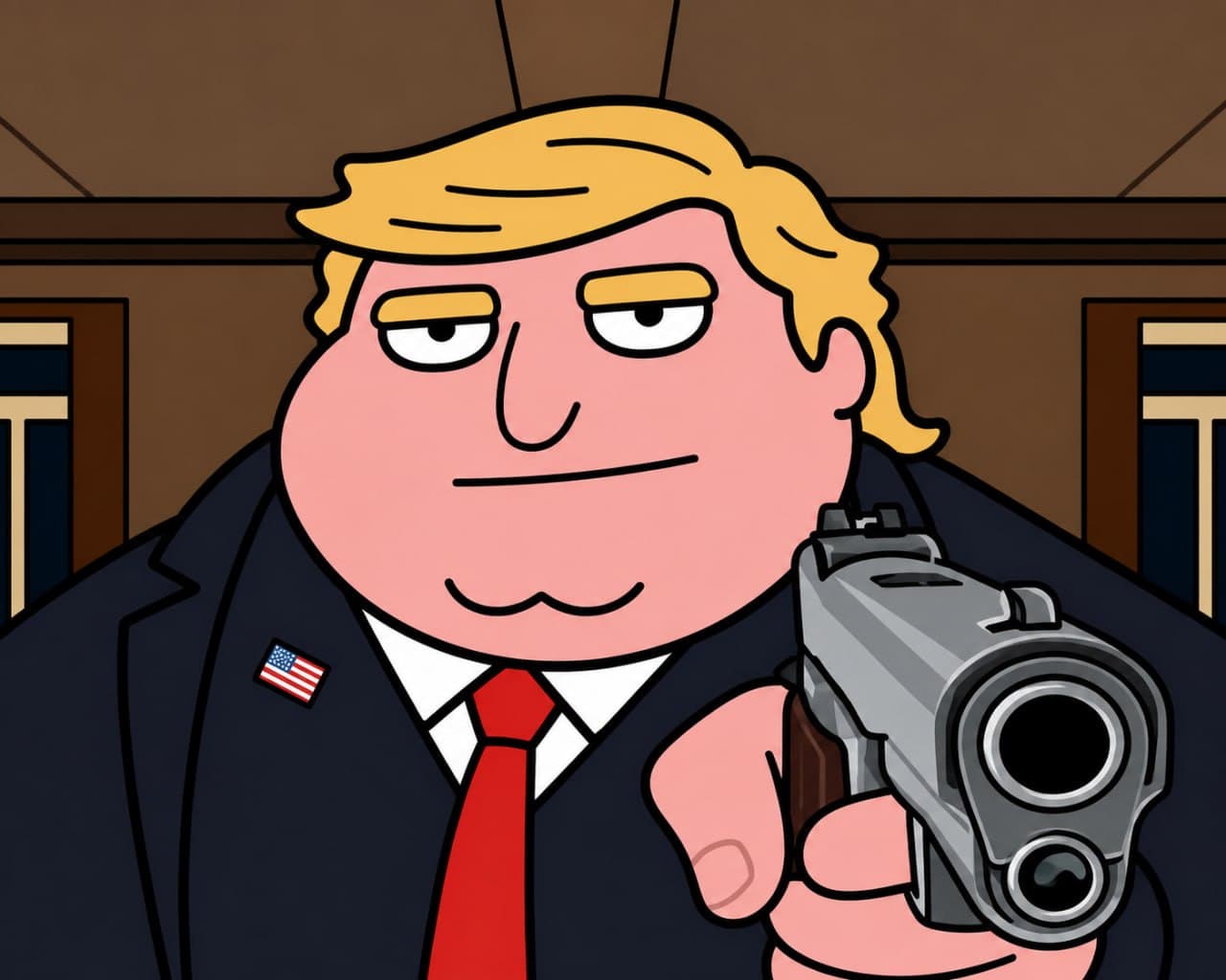 Trump holding gun at viewer
