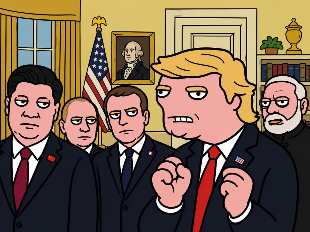 World leaders meeting in Oval Office — Xi, Putin, Macron, Trump, Modi