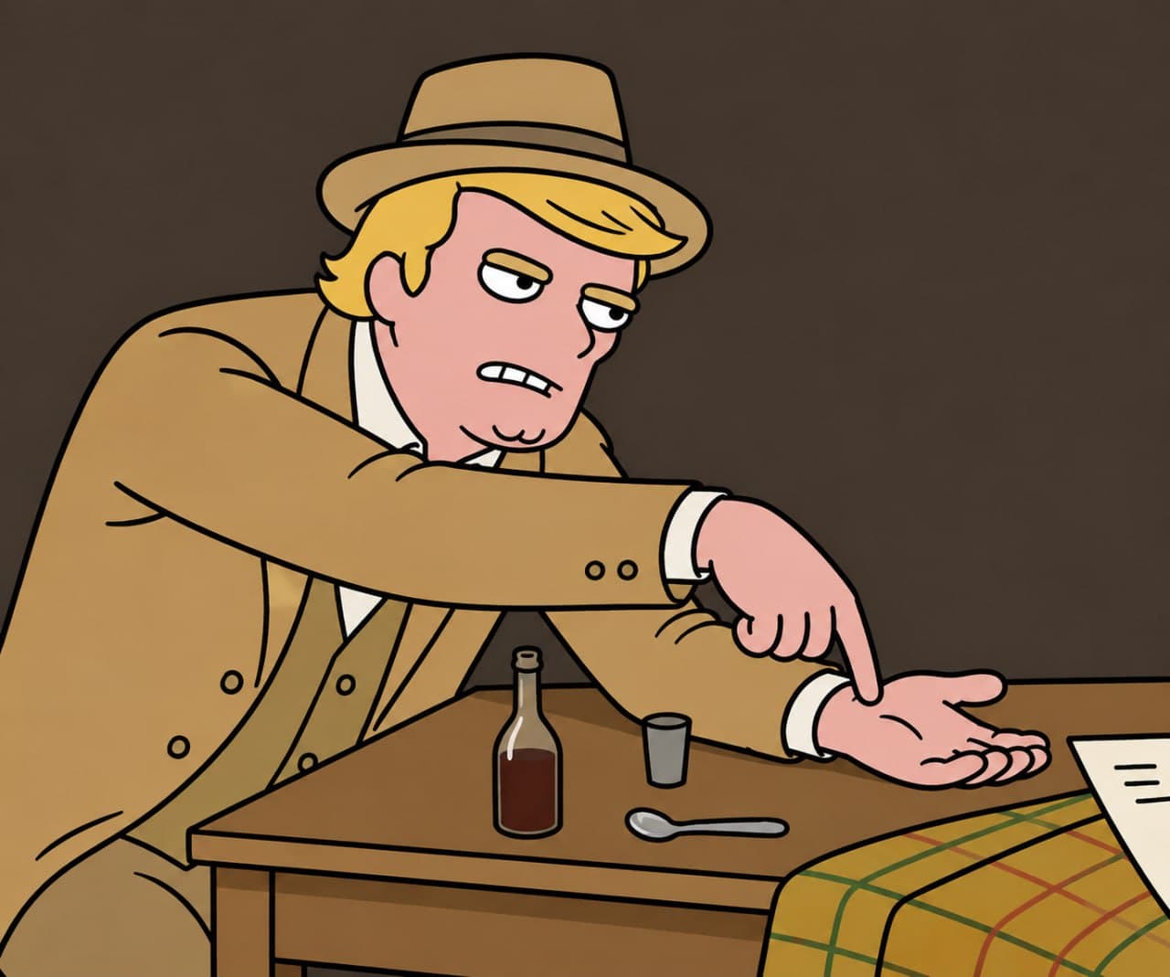 Trump in fedora at table with bottle and shot glass