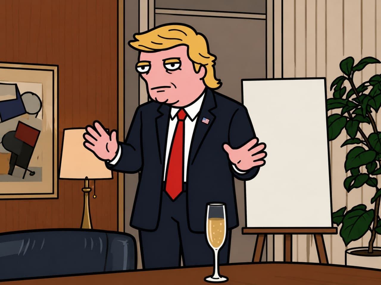Trump shrugging with champagne glass in conference room