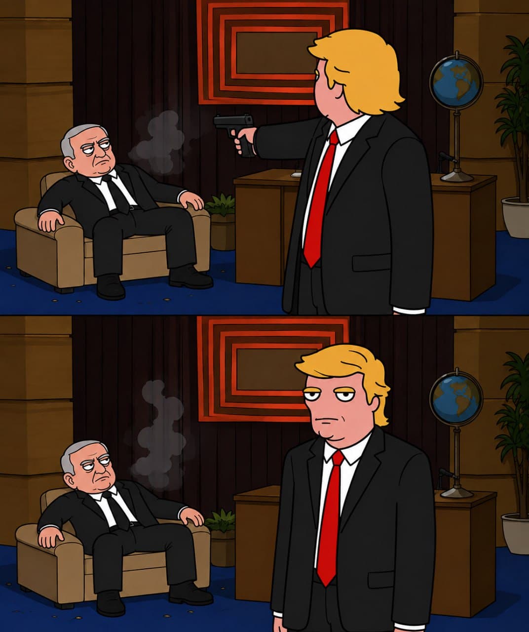 Trump shooting uninterested man in armchair — two panel
