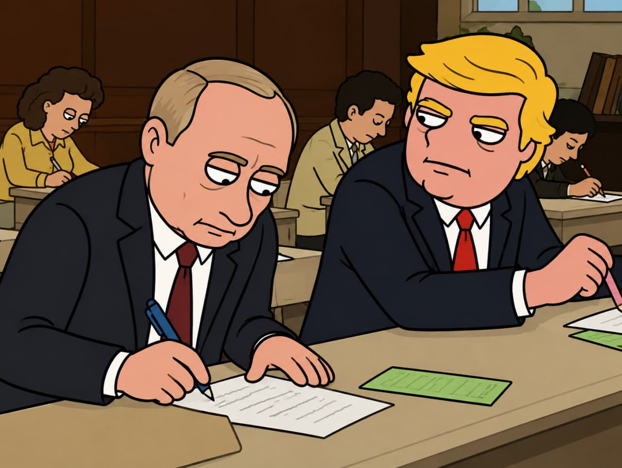 Putin and Trump taking a test in classroom