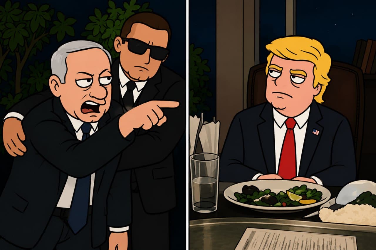 Netanyahu restrained by agent, Trump eating salad dinner