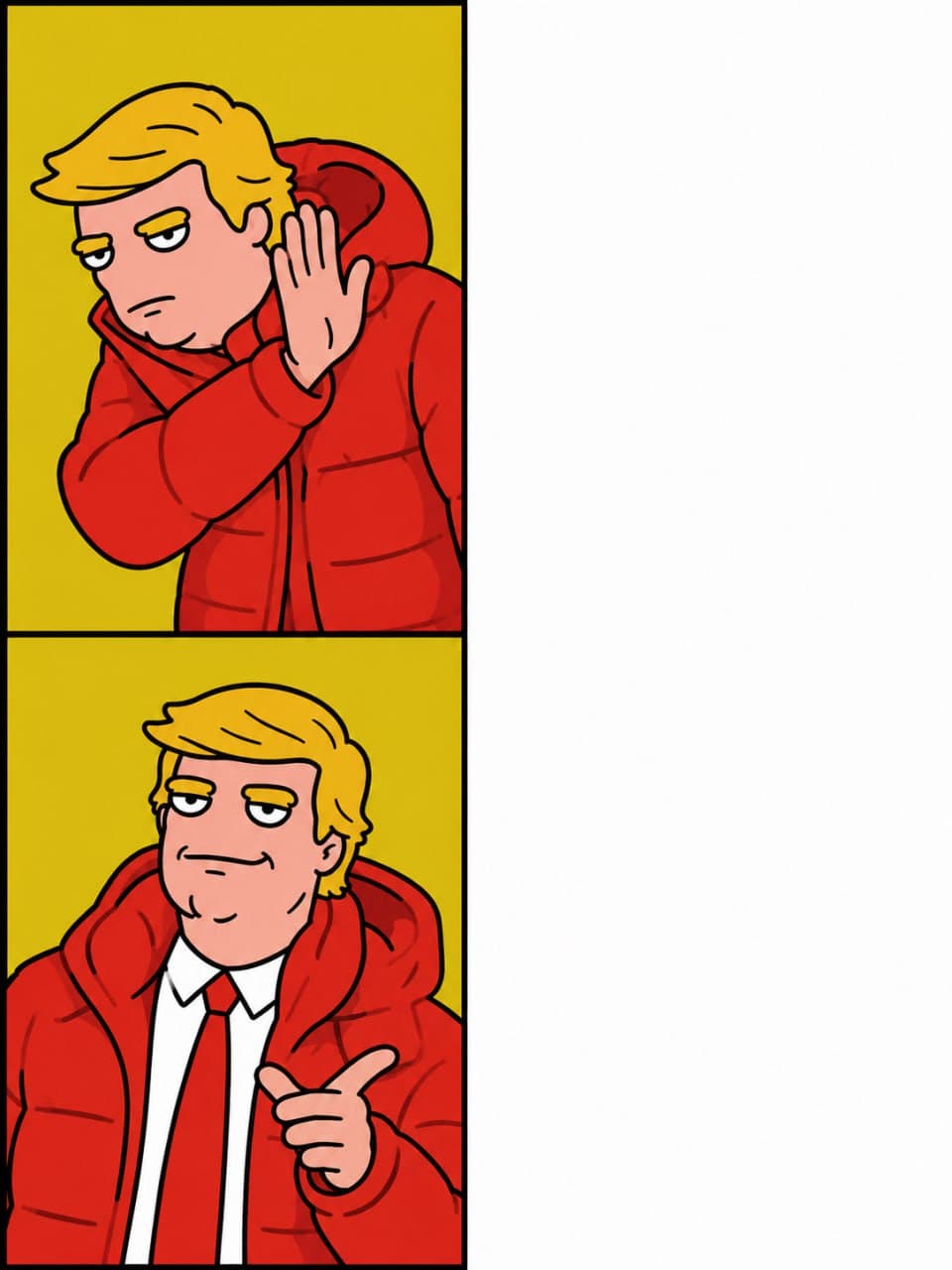 Trump listening and pointing — two panel comic