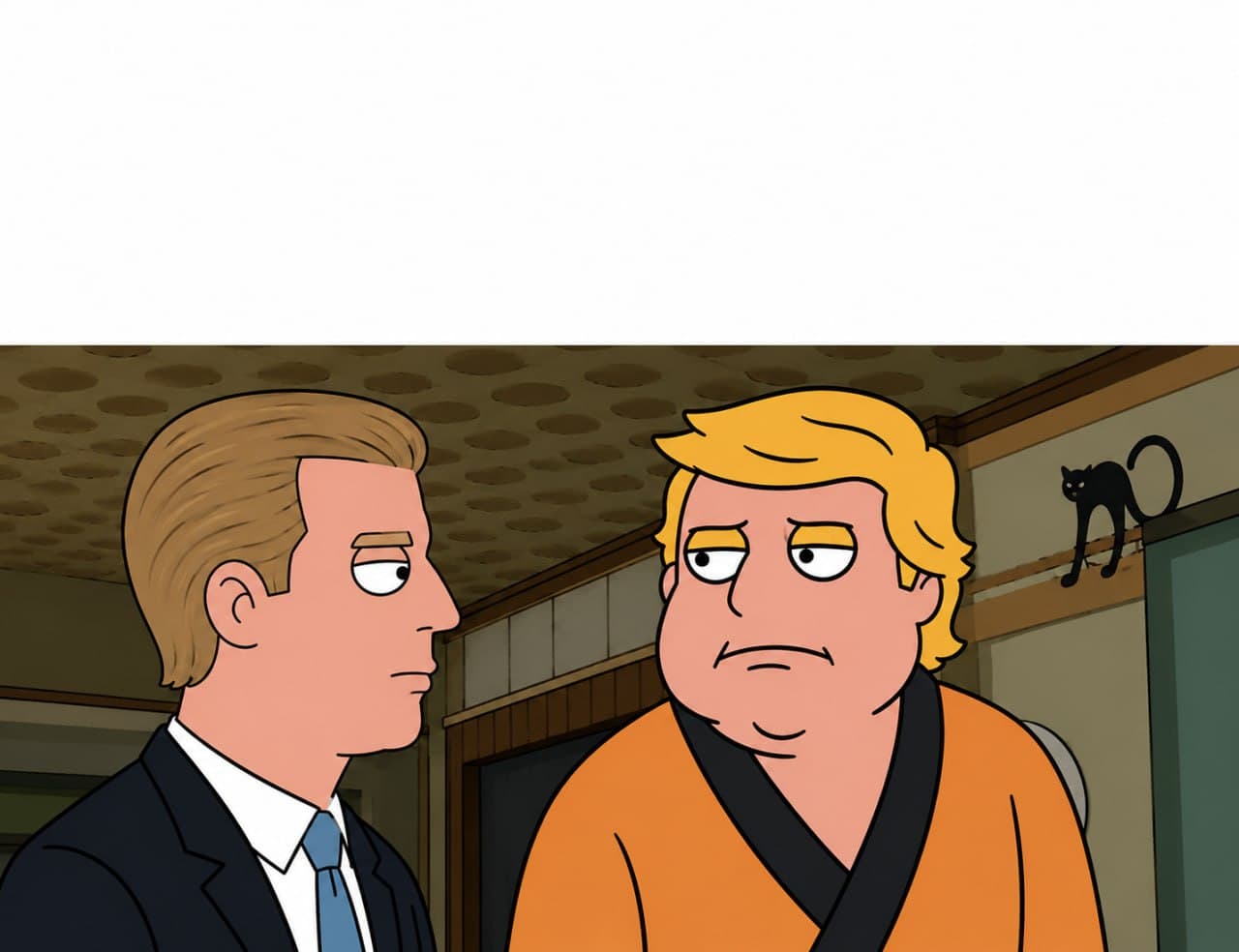Trump in orange bathrobe talking to suited man